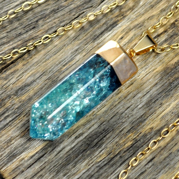 Crystal Necklace, Crystal Pendant, Crystal Gold Necklace, Crystal Point, Teal Crystal Necklace,Teal Crackle Crystal, 14k G...