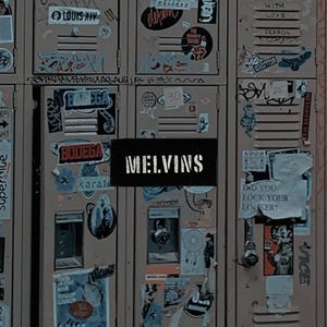 May include: A weathered, gray locker panel covered in stickers and graffiti. The word "MELVINS" is displayed in a black rectangle. Various stickers and tags adorn the surface, creating a collage of text and images.