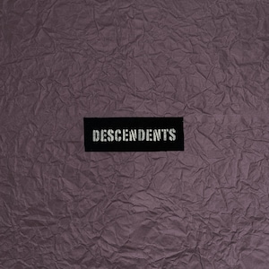 May include: A textured, crumpled, dark purple background with a black rectangular patch at the bottom center. The patch features the word "DESCENDENTS" in white, stencil-style lettering.