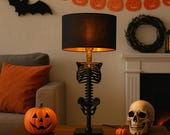 Skeleton Table Lamp – Gothic Halloween Decor, Spooky Nightstand Light with Black Shade | Halloween Fall Home Decoration
