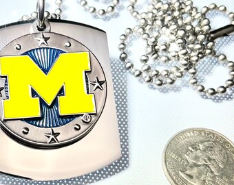 University of Michigan X Large Pendant Necklace/On Thick Stainless Steel Dog Tag