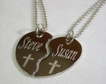 Personalized Split Heart Cross  Necklace Set Stainless Steel