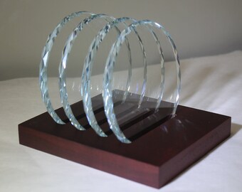 USAFA USMMA USNA Custom K9 Faceted Edge Sand Carved Crystal Coasters in Wood Base with Brass Plate - 1 design