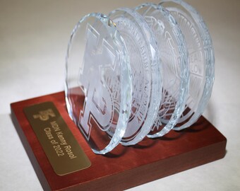 Custom K9 Optical Crystal Faceted Edge Sand Carved Coasters in Wood Base with Brass Plate