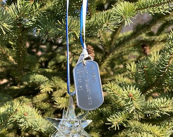 K9 Optical Crystal 12 point star ornament 2.5" with custom dog tag, MY HERO, or other custom message