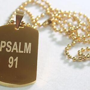Psalm 91 Solid Thick Stainless Steel Ipg Gold Plated Dog Tag Ball Chain 30&quot;