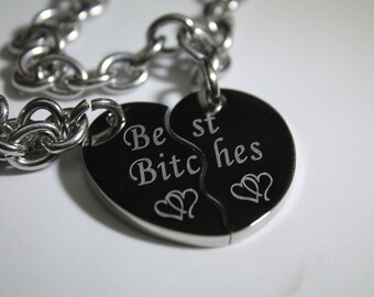 Best Bitches Split Heart Intertwined Hearts Stainless Steel  8" adjustable bracelet Set Tags