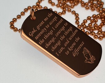 Serenity Prayer Double Sided Cross Solid Copper Dog Tag Pendant Necklace