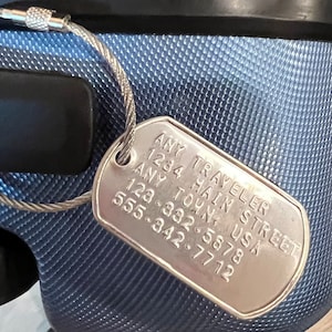 Indestructible stainless steel embossed stamped luggage baggage backpack suitcase tag ID label heavy duty HD extreme service tough