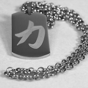 Chinese strength symbol on solid stainless steel thick dog tag rolo chain necklace