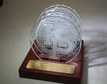 Custom K9 Faceted Edge Sand Carved Crystal Coasters in Wood Base with Brass Plate - FOUR designs