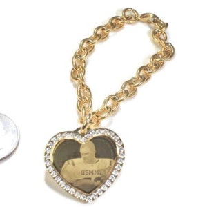 Custom Engraved Photo Pendant CZ Bling Gold IPG Stainless Steel Heart With Oval Link Chain Bracelet