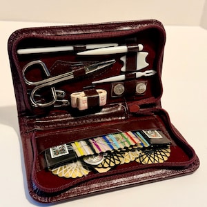 Vintage Burgundy Travel Sewing Kit, Compact Zippered Mini Sewing Set