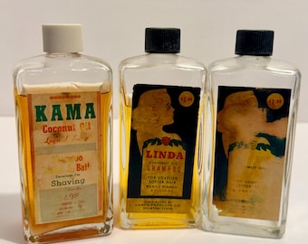 Vintage Coconut Oil Shampoo Bath Oil Bottles – Mid Century Apothecary Decor Set
