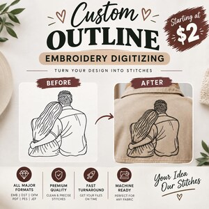 May include: Custom outline embroidery digitizing service featuring a before and after comparison. The before image shows a black line drawing of a couple embracing, while the after image shows the same design embroidered in black thread on tan fabric.