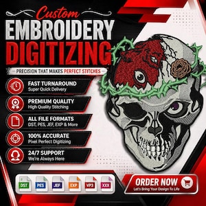 May include: An advertisement for custom embroidery digitizing services. The image features a detailed skull design with a red brain and a green vine crown. Text includes "Custom Embroidery Digitizing" and service details like fast turnaround and premium quality.