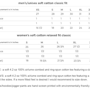 May include: A size chart for soft cotton apparel featuring two tables with measurements in inches for classic fit and relaxed fit styles. The text specifies 4.2 oz 100% airlume combed and ring-spun cotton fabric and notes that items are hand screen printed.