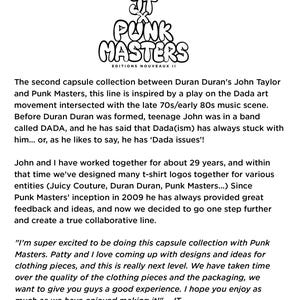 K&ouml;nnte beinhalten: Eine schwarz-wei&szlig;e Informationsgrafik mit dem Text JT x PUNK MASTERS EDITIONS NOUVEAUX II am oberen Rand. Unter dem Logo beschreiben mehrere Abs&auml;tze mit schwarzem Text eine kollaborative Kapselkollektion zwischen John Taylor und Punk Masters.