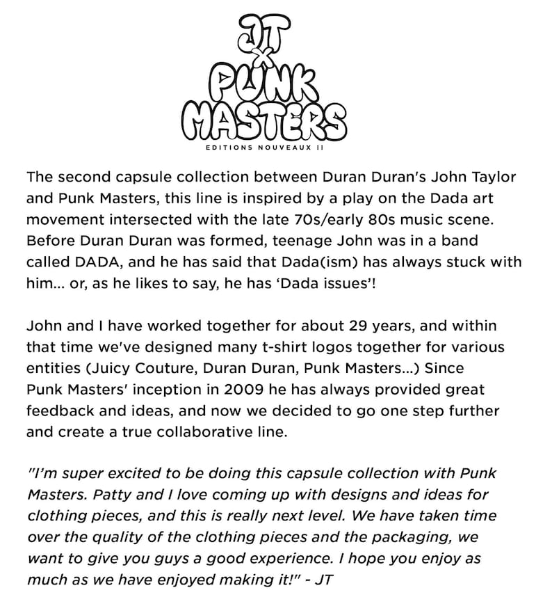 K&ouml;nnte beinhalten: Eine schwarz-wei&szlig;e Informationsgrafik mit dem Text JT x PUNK MASTERS EDITIONS NOUVEAUX II am oberen Rand. Unter dem Logo beschreiben mehrere Abs&auml;tze mit schwarzem Text eine kollaborative Kapselkollektion zwischen John Taylor und Punk Masters.