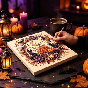 Halloween Relaxing DIY Diamond Painting Kit, Stress Relief Fall Craft for Adults, Pumpkin & Ghost 3D Pearl Art, Mindfulness Hobby Gift