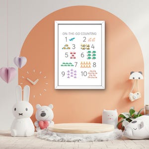 Póster de conteo de transporte del 1 al 10: arte de pared de aprendizaje Montessori para niños pequeños, imprimible educativo, póster Montessori, decoración de habitación para niños