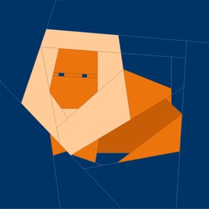 May include: Geometric lion design in shades of orange and cream against a deep blue background. The lion's face and mane are formed by overlapping shapes, with small blue squares representing eyes. A modern, abstract representation.