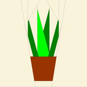Puede incluir: Ilustración geométrica de una planta en maceta. La planta presenta hojas de color verde brillante que emergen de una maceta marrón. El fondo es de color beige claro, con líneas tenues que sugieren una forma estilizada alrededor de la planta.