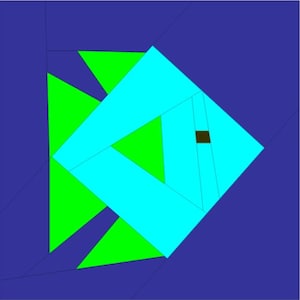 Puede incluir: Diseño geométrico abstracto de un pez. El pez está compuesto por varias formas en tonos de azul, verde y turquesa, con un pequeño cuadrado marrón que representa el ojo. El fondo es azul oscuro sólido.