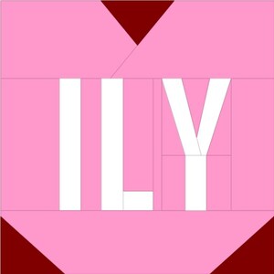 Puede incluir: Un diseño en forma de corazón rosa con las letras blancas "ILY". El corazón tiene un patrón geométrico con acentos rojo oscuro en las esquinas y en la parte superior. Las letras son en negrita.