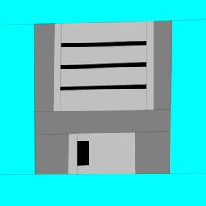 Puede incluir: Ilustración abstracta en gris y negro de un componente informático, posiblemente un servidor. El diseño presenta formas rectangulares y líneas negras horizontales, sobre un fondo azul brillante.