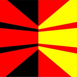 May include: Abstract geometric artwork with a split design. The left side is red and black, with angled lines and shapes. The right side is yellow and red, with horizontal stripes and angled elements. The design is symmetrical.