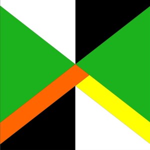 May include: Abstract geometric design featuring a symmetrical arrangement of shapes. The composition includes green triangles, orange and yellow diagonal lines, and black and white rectangular areas. The overall aesthetic is modern and graphic.