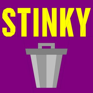 May include: A digital illustration on a purple background features the word "STINKY" in large yellow block letters above a gray trash can. The trash can has a handle and a simple, cartoonish design.