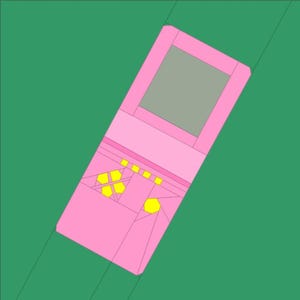 May include: A pink handheld gaming device with a gray screen and yellow buttons. The device is set against a green background, creating a contrasting color scheme. The design is simple and geometric.