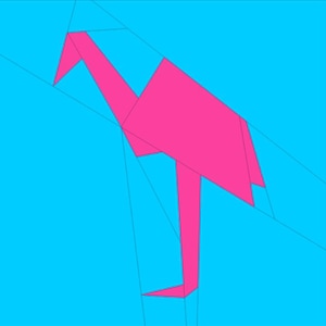 Puede incluir: Un flamenco de origami rosa sobre un fondo azul vibrante. El flamenco está representado en un estilo geométrico y angular, con su largo cuello y patas extendidas. El diseño es simple y moderno, con líneas limpias y una paleta de colores llamativa.