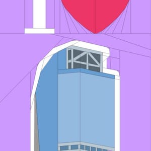 May include: A graphic illustration featuring the phrase "I Heart" with a red heart symbol above a light blue building. The background is a light purple color with geometric lines. The building has a white outline.
