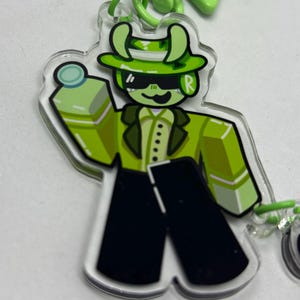 Puede incluir: Un llavero acr&iacute;lico transparente con un personaje de dibujos animados verde con sombrero, gafas de sol y traje. El personaje sostiene una botella verde. El llavero tiene un anillo verde y un cierre verde.
