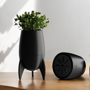 May include: Three black rocket-shaped planters with three legs each. The planter on the left has a green plant inside. The planter in the middle is empty. The planter on the right is empty.