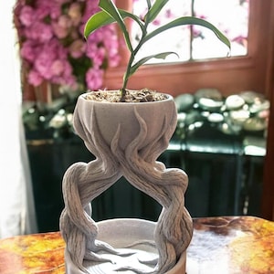 May include: A white ceramic planter shaped like intertwined tree branches, holding a small green plant. The planter has a round base and a bowl-shaped top. The planter is sitting on a marble-like surface.