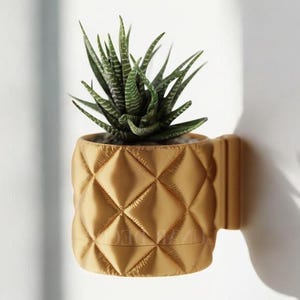 May include: A gold-colored, quilted wall-mounted planter with a small succulent plant inside.