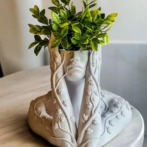 May include: A white ceramic planter shaped like a woman's head with branches growing from her arms and a green plant growing from her head.