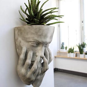 May include: A gray, wall-mounted planter shaped like a human face, with hands supporting the face. The planter holds a green succulent plant. The sculpture is mounted on a white wall, with a window and other plants in the background.