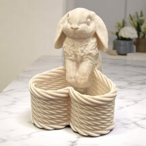May include: A cream-colored bunny planter with two connected basket-like compartments. The bunny has floppy ears and is positioned above the baskets. The baskets have a woven rope design. The planter is made of a textured material.