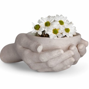 May include: White ceramic planter shaped like two hands holding a bouquet of white daisies.