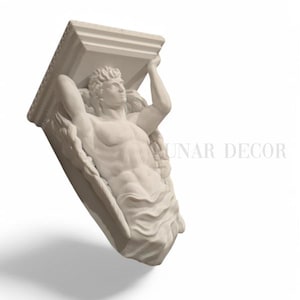 May include: White plaster sculpture of a man holding up a rectangular block. The man is sculpted with a muscular physique and is wearing a flowing robe. The sculpture is a decorative element for a home or garden.