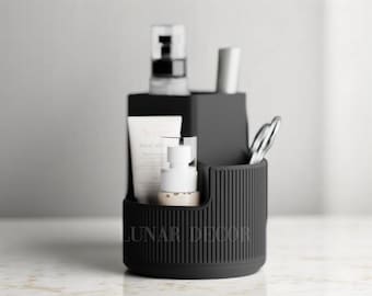 Lunara Circo Triple Compartment Organizer, Round Ribbed Desk, Bathroom Storage, Makeup, Brush, Pen, Tool, Accessory – Modern Vanity, Office