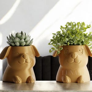 May include: Two ceramic dog-shaped planters in a light brown color, each with a different plant. The planter on the left has a succulent plant, while the planter on the right has a leafy green plant. The planters have a cute, cartoonish design with smiling faces and floppy ears.