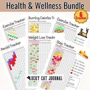 Op de afbeelding: Een gezondheids- en wellnesspakket met zes trackers. De trackers omvatten oefeningen, calorieverbranding, gewichtsverlies, menstruatie en stappentellers. Elke tracker heeft een raster voor dagelijkse tracking, met gekleurde blokken om de voortgang aan te geven.
