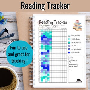 May include: A blue and green reading tracker with a grid for logging daily reading time. The grid is divided into months and days of the month. The tracker includes a key for different reading time ranges, such as 0-10 minutes, 11-25 minutes, 26-40 minutes, 41-60 minutes, 61-120 minutes, and over 120 minutes. The tracker also includes a section for setting goals, such as minimum minutes per day and maximum missed daily goals per month.