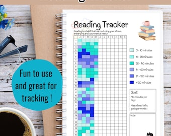May include: A blue and green reading tracker with a grid for logging daily reading time. The grid is divided into months and days of the month. The tracker includes a key for different reading time ranges, such as 0-10 minutes, 11-25 minutes, 26-40 minutes, 41-60 minutes, 61-120 minutes, and over 120 minutes. The tracker also includes a section for setting goals, such as minimum minutes per day and maximum missed daily goals per month.